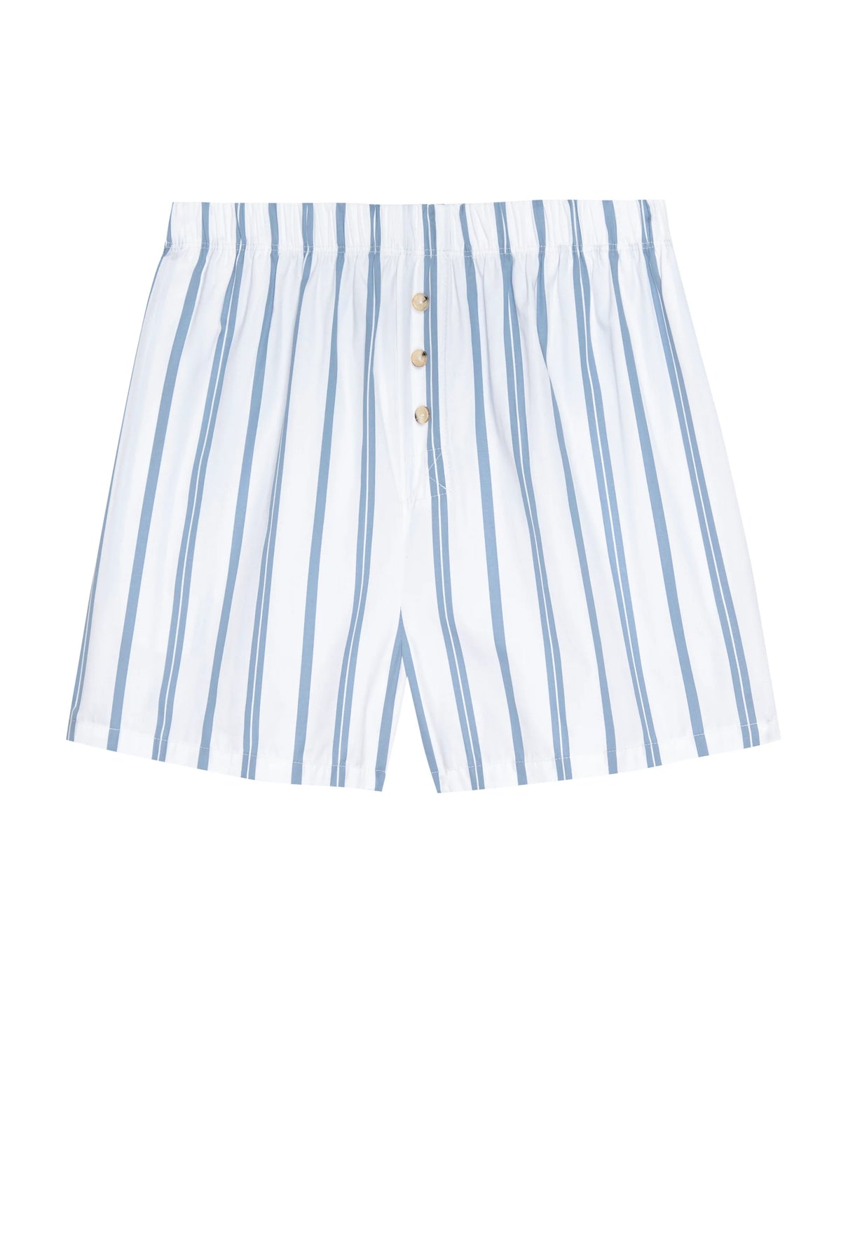 The Pop Boxer by Donni are white cotton poplin boxer shorts with blue vertical stripes, a relaxed fit, and a four-button fly. They feature an elastic waistband for comfort.
