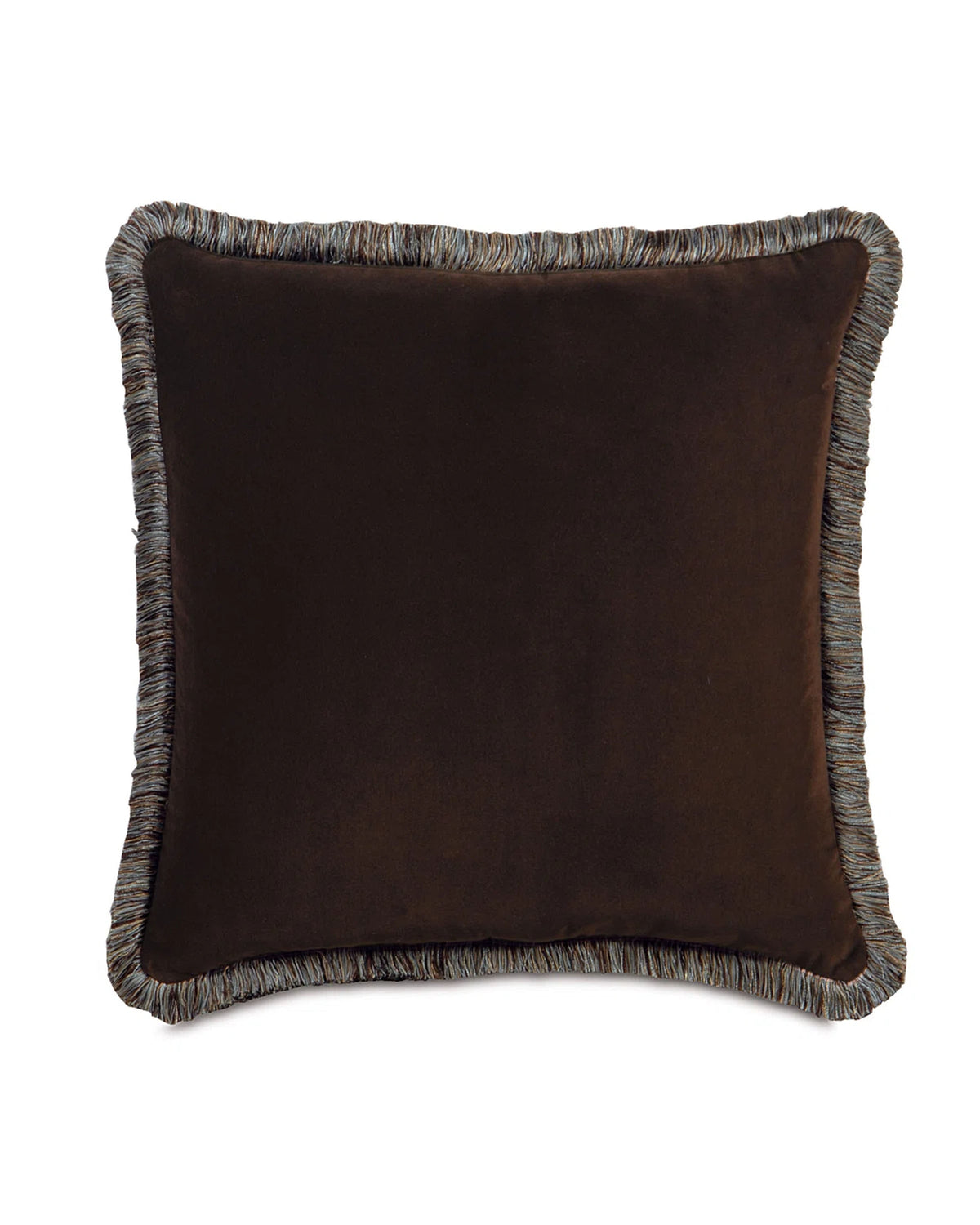 The JACKSON BROWN W/ FRINGE pillow by Eastern Accents is a rectangular dark brown velvet cushion with multicolored fringe trim and a plush insert, shown in 27x27 size against a plain white background.