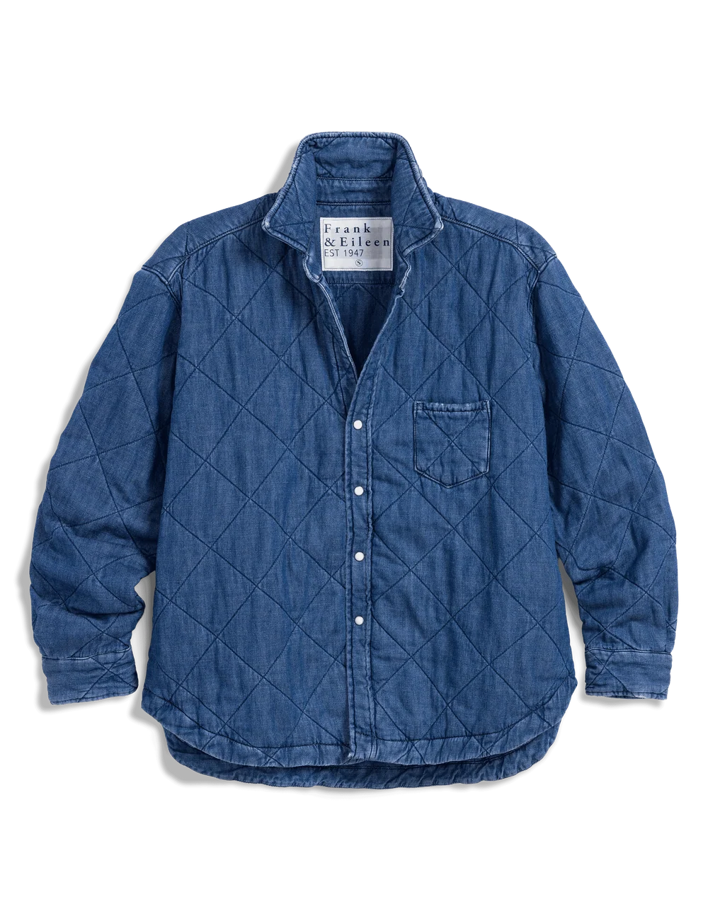 Blue diamond quilted denim Eileen jacket from Frank &amp; Eileen featuring a button front, collar, and chest pocket.