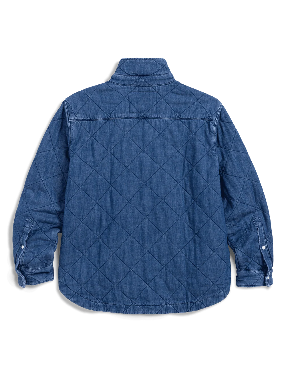 Quilted Eileen denim jacket in blue with diamond pattern, button collar, and cuffs, back view, Frank &amp; Eileen.