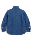Quilted Eileen denim jacket in blue with diamond pattern, button collar, and cuffs, back view, Frank & Eileen.