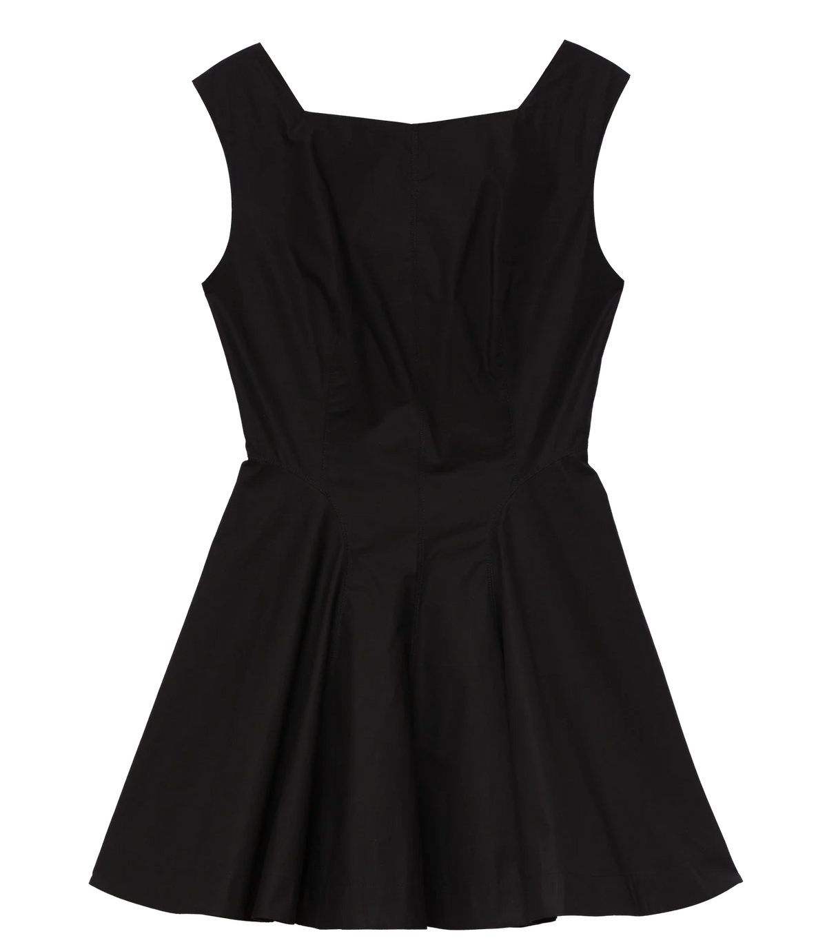 The DOEN Riviette Dress, a sleeveless black mini dress with a fitted bodice, square neckline, and flared skirt, is laid flat on a white background for an elegant look.