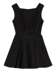The DOEN Riviette Dress, a sleeveless black mini dress with a fitted bodice, square neckline, and flared skirt, is laid flat on a white background for an elegant look.