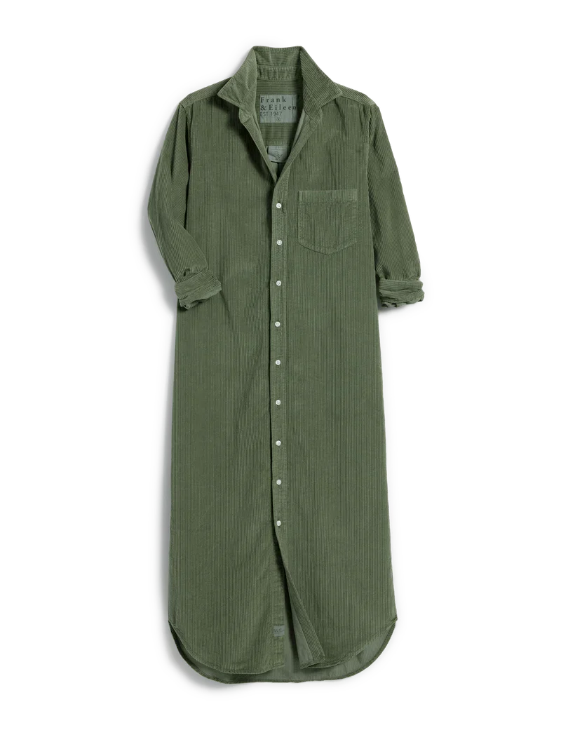 The RORY Maxi Shirtdress by Frank & Eileen is a full-length olive green corduroy button-up with a chest pocket and rolled sleeves, styled flat for an effortless California chic look.