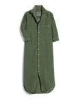 The RORY Maxi Shirtdress by Frank & Eileen is a full-length olive green corduroy button-up with a chest pocket and rolled sleeves, styled flat for an effortless California chic look.