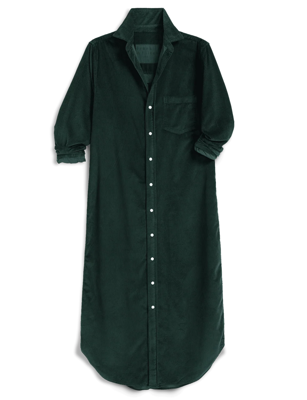 Dark green corduroy maxi shirtdress with chest pocket by Frank & Eileen, laid flat on white background.