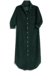 Dark green corduroy maxi shirtdress with chest pocket by Frank & Eileen, laid flat on white background.