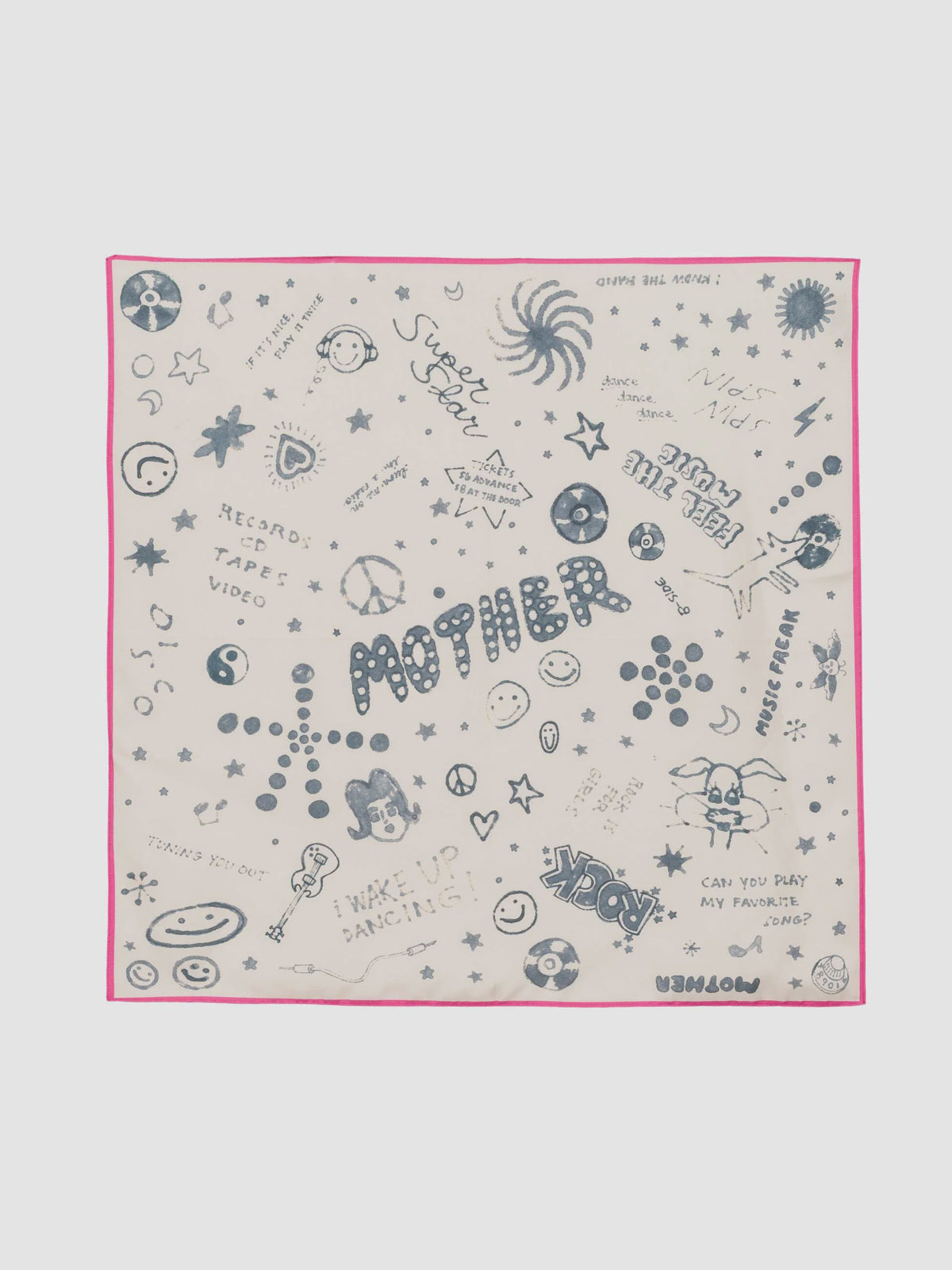 Scarf It Down silk scarf by Bungalow Furniture &amp; Accessories, off-white with blue music doodles and a pink border.