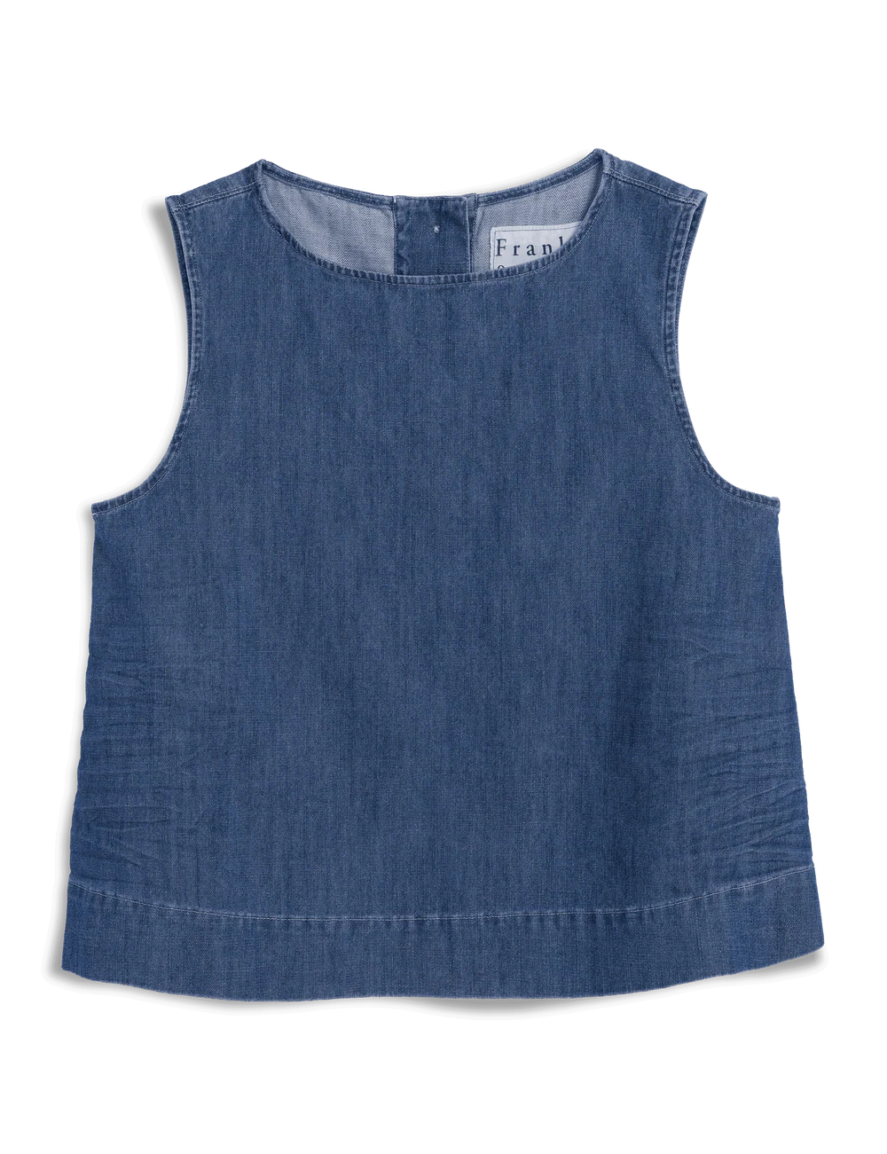 The Frank & Eileen Shell Tank in blue indigo denim features a sleeveless design, round neckline, straight hem, and subtle side seam details, shown against a plain white background.