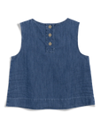 The Shell Tank by Frank & Eileen features soft indigo denim, a sleeveless design, horn buttons along the upper back, and a patch detail on the left shoulder. A gently curved hem gives this tank its stylishly casual look.