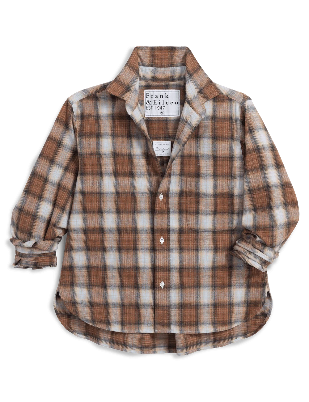 SILVIO Untuckable Button Up Shirt in a petite, square-fit brown, cream, and white plaid with long sleeves and curved hem.