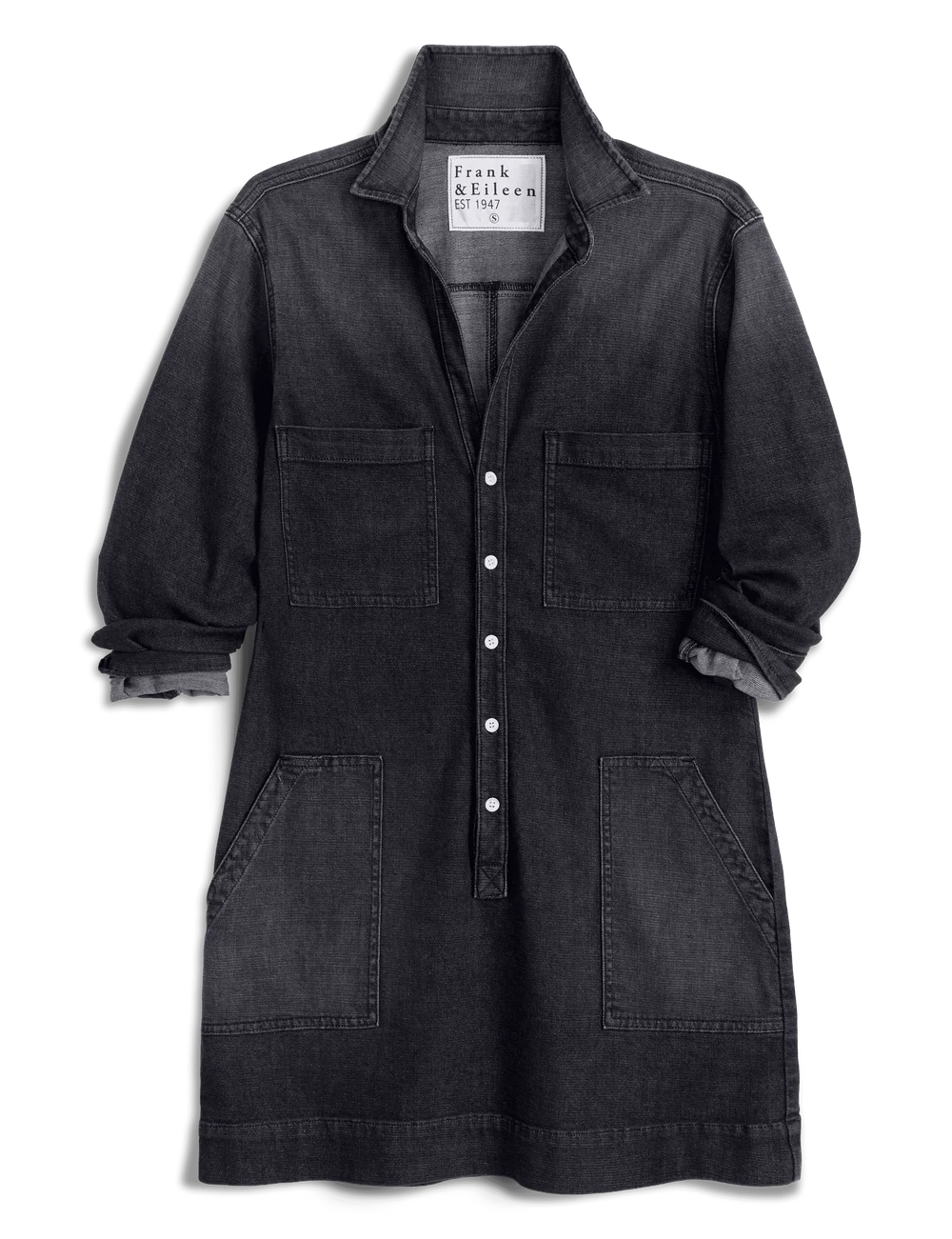 Black denim utility dress with long sleeves, button front, and large pockets by Frank & Eileen Ireland.