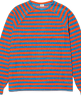A long-sleeved, cotton-blend Kule Terry Franny sweatshirt with horizontal stripes in bright blue and red, displayed on a plain white background. The tag indicates size XL.
