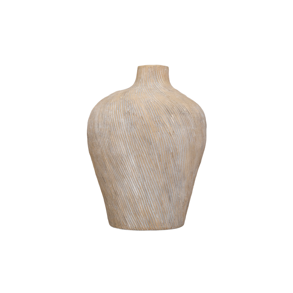 The Kepler Vase by The Import Collection is a large ceramic piece in neutral beige, with a ribbed texture and narrow neck—ideal for adding timeless elegance to your decor against any plain white background.