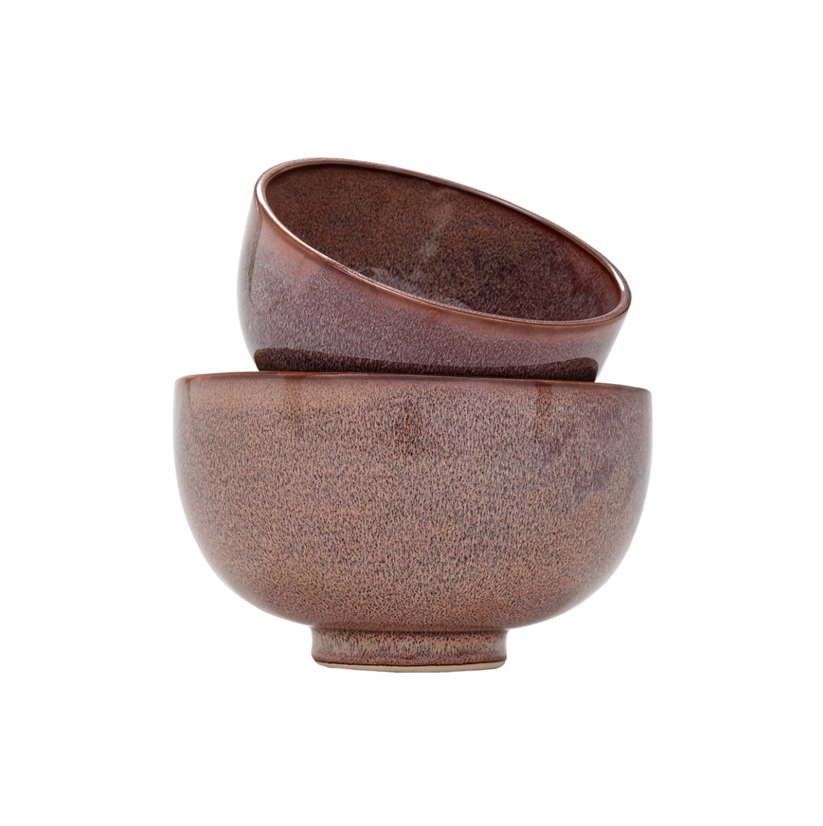 Two Linden Bowls by The Import Collection, each 8x8x5 inches in brown ceramic with a speckled, textured finish. One rests at an angle inside the other, both displayed against a white background.