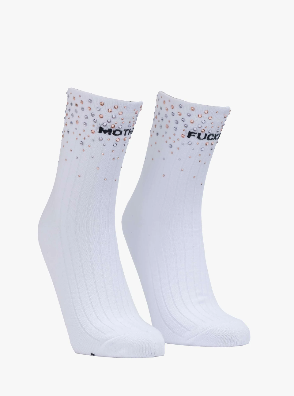 Introducing "The Half Step" by Mother, a pair of white ribbed tube socks adorned with pink and silver rhinestones near the top. These eye-catching socks feature the bold statement "MOTHER" displayed on one sock and "FUCKER" on the other, in striking black letters just below the rhinestones.