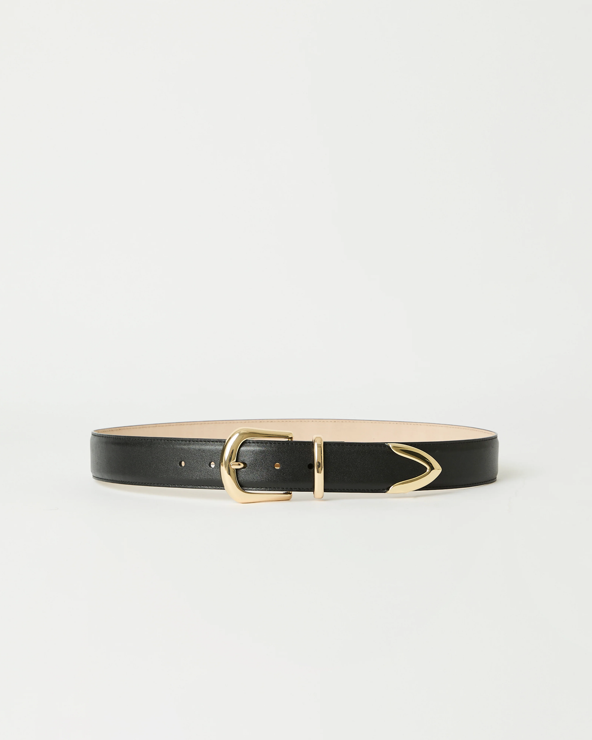 The Marc Belt by B-Low The Belt features black calfskin leather, a gold buckle with gold-tone hardware, and a pointed tip, shown against a plain white background.