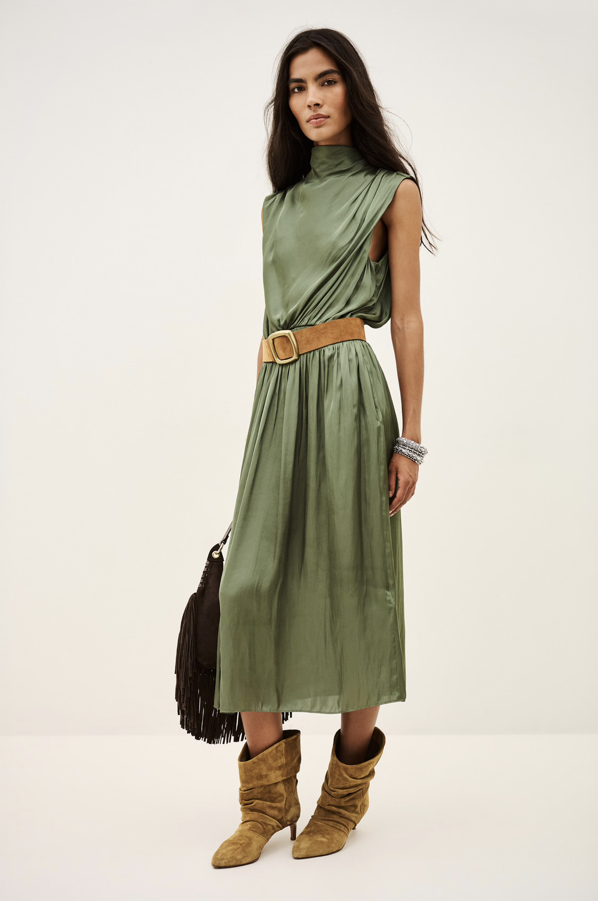 BA&SH Celea dress styled with tan boots and a brown fringed bag, perfect for a chic, contemporary look.