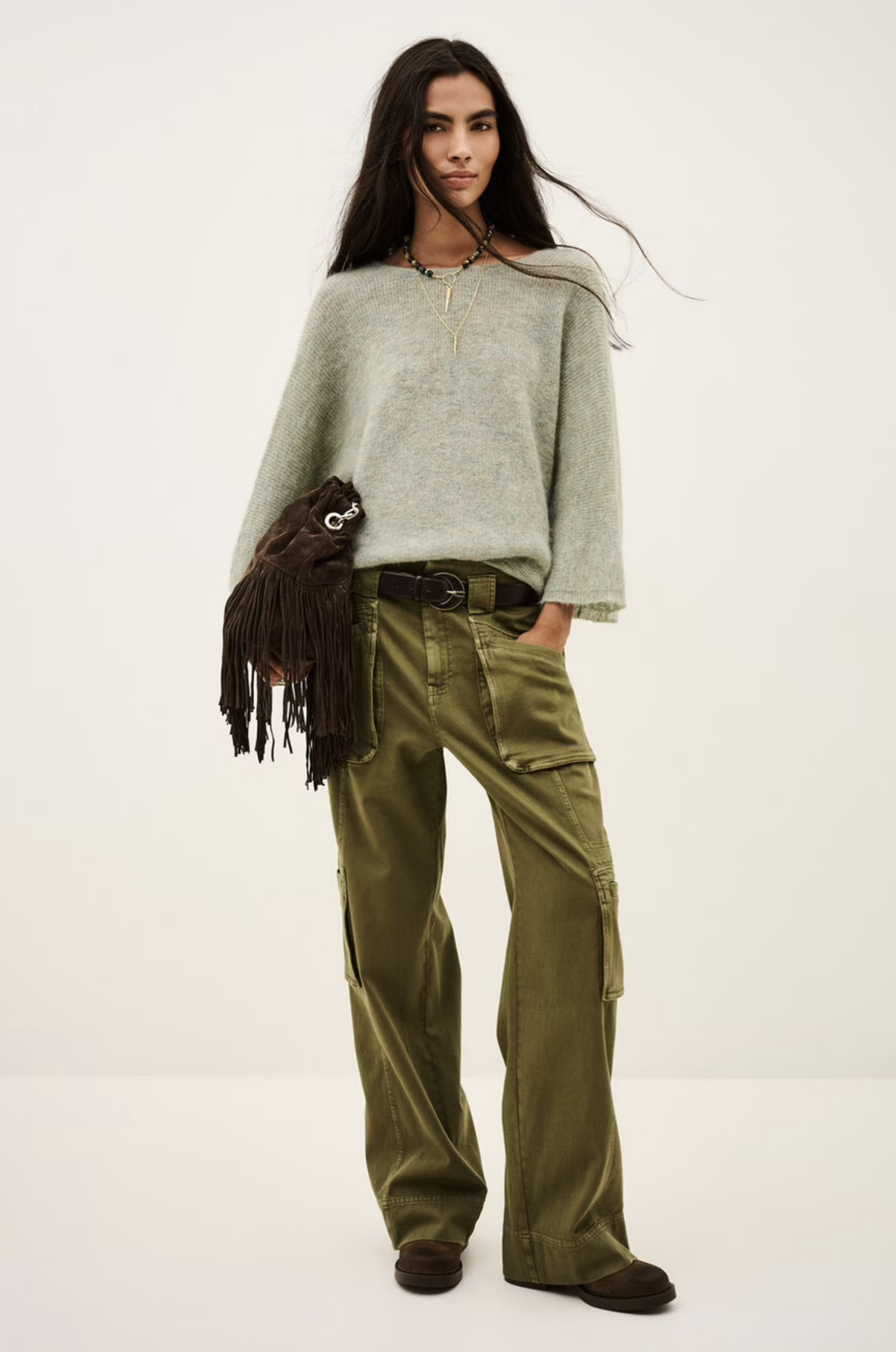 BA&SH Cardigan Isaac in cream with wide olive cargo pants and brown fringed bag, styled against a plain backdrop.