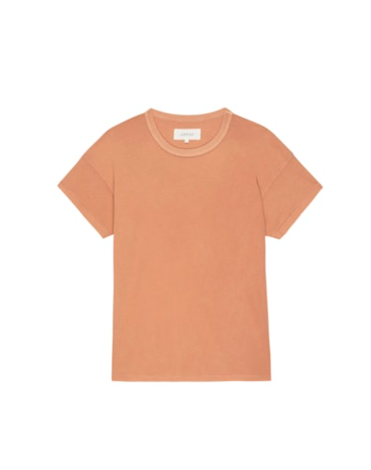 An orange short-sleeve T-shirt is displayed against a white background. The Boxy Crew by The Great Inc., reminiscent of vintage tees, features a round neckline and simple design.