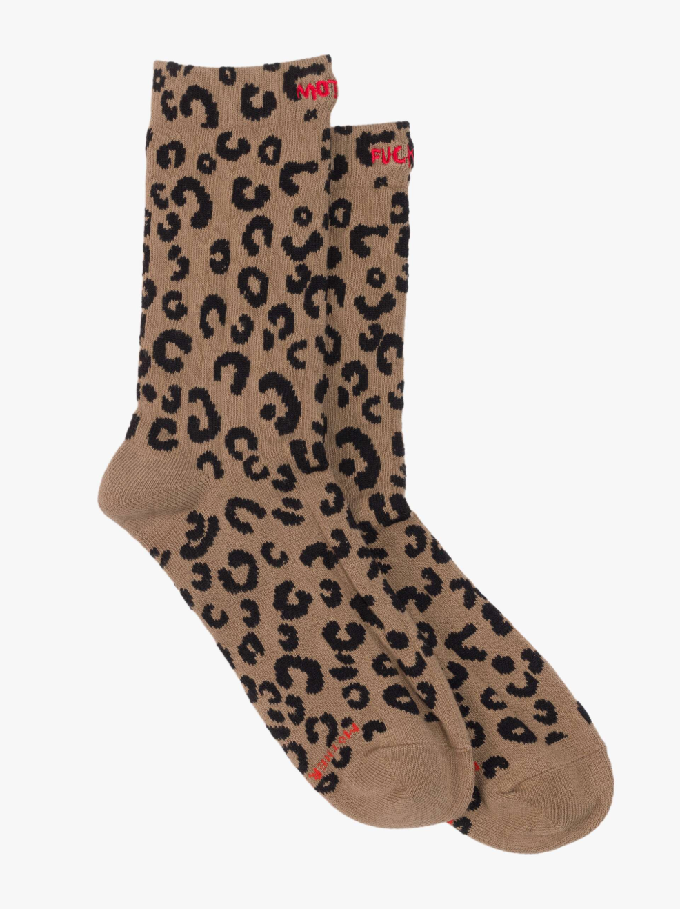 The Half Step by Mother: brown tube socks featuring a black leopard print and small red text at the top and toe, shown on a white background.