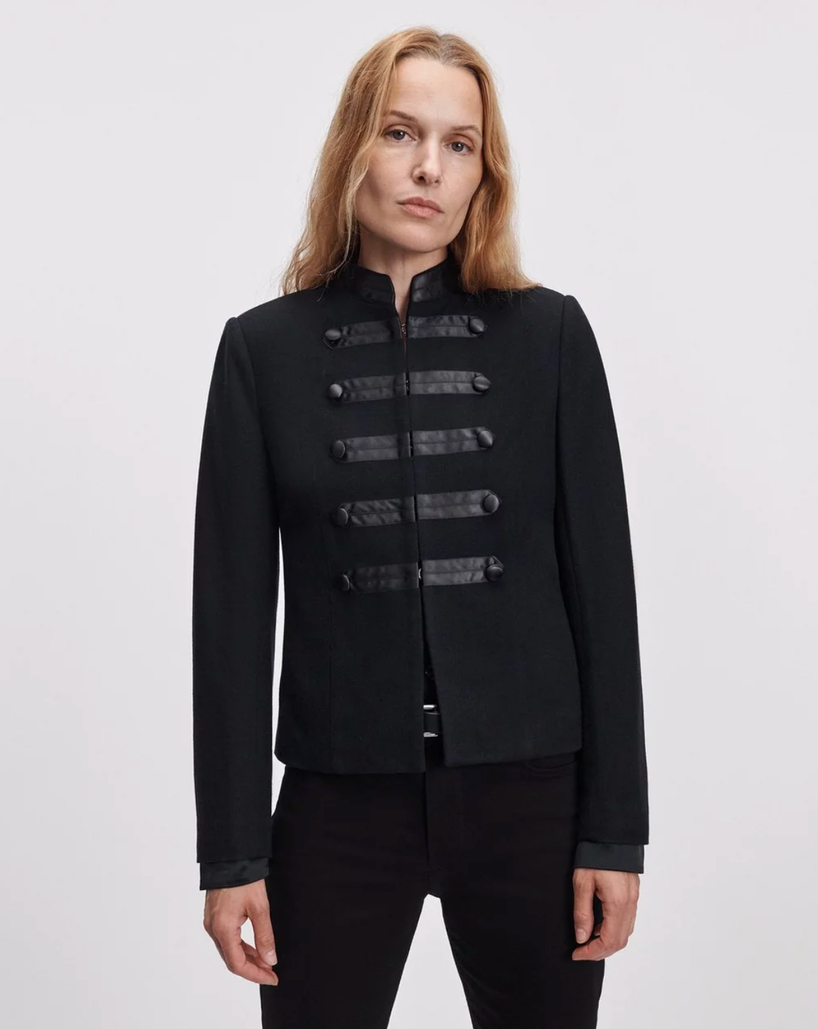 Rag & Bone Mercer Regalia Blazer with decorative buttons, shown on model against a light background.