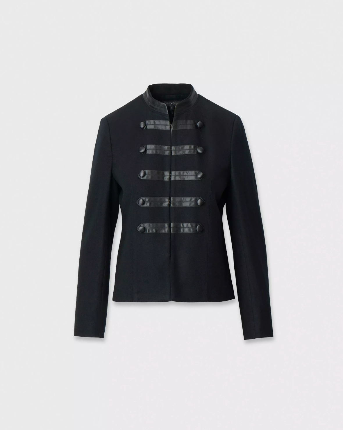 Black high-collar blazer with shiny accents and stylish buttons by Rag & Bone, Mercer Regalia collection.
