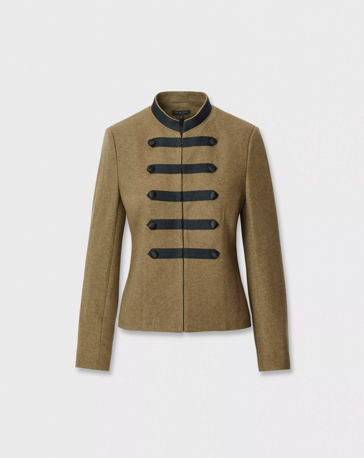 Brown Napoleon-style blazer with black trim and stand-up collar by Rag & Bone, Mercer Regalia collection.