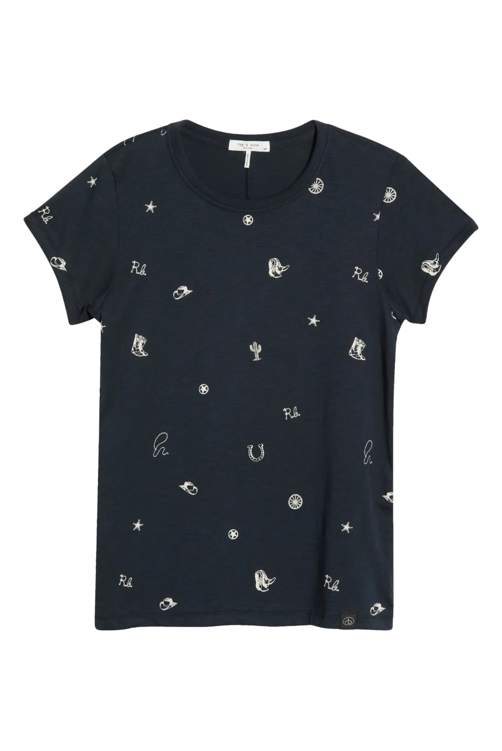 Navy blue tee with small white embroidered icons, Rag & Bone Rodeo style at Bungalow Furniture & Accessories.