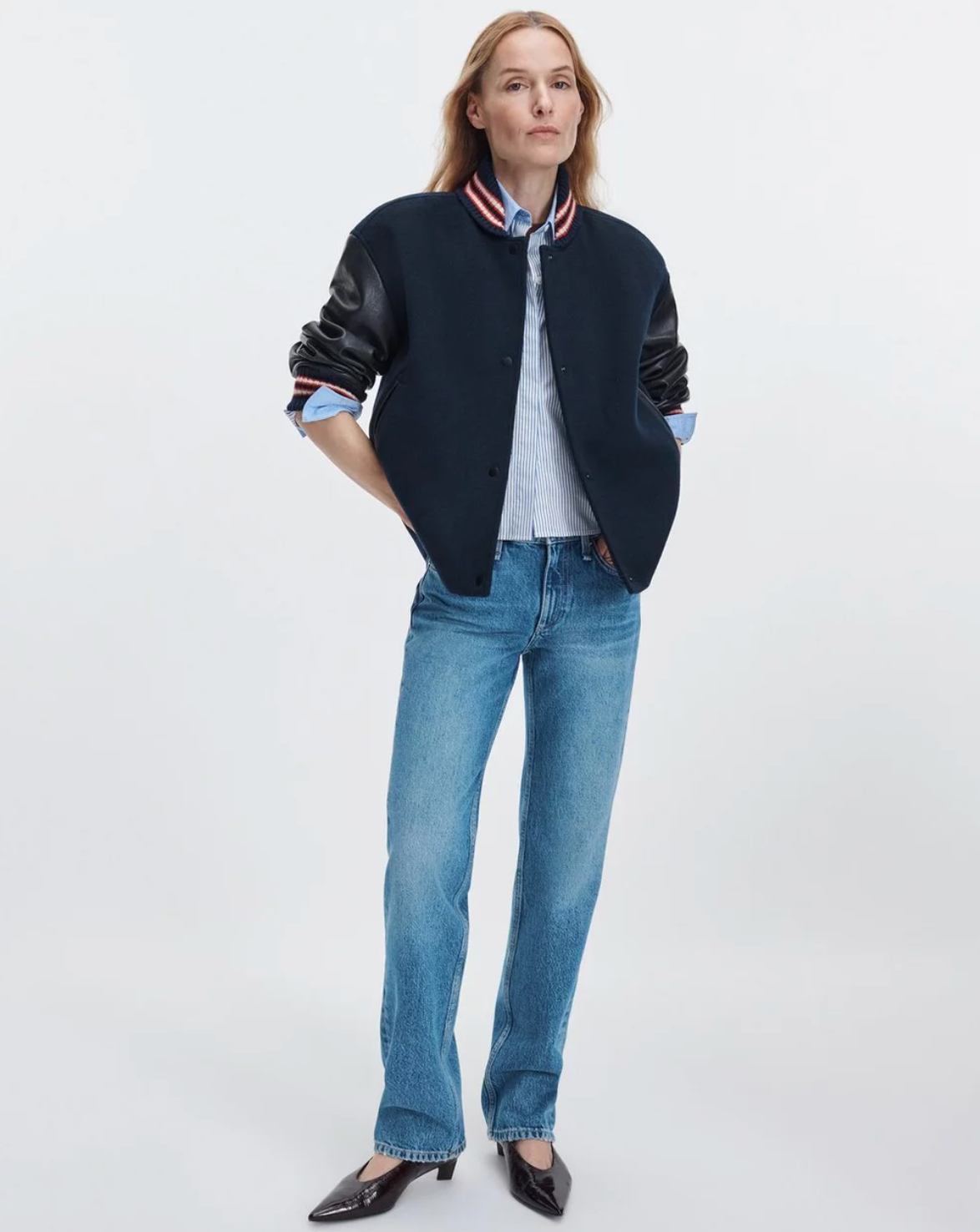 Scarlet Rag & Bone varsity jacket with striped shirt, blue jeans, and black shoes in a casual outfit setting.