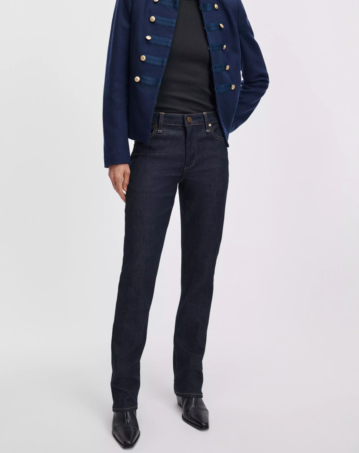 Rag & Bone Sutton Cigarette Jean styled with black top and navy blazer, polished and timeless look.