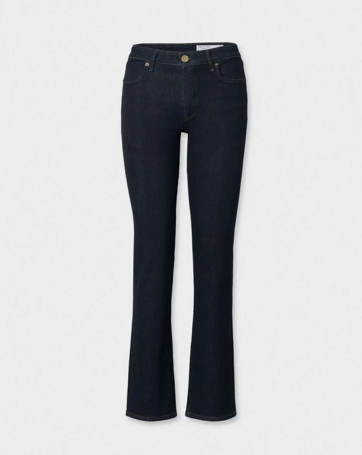 Dark blue mid-rise vintage stretch denim jeans with front pockets and button closure, Rag & Bone Sutton Cigarette Jean.
