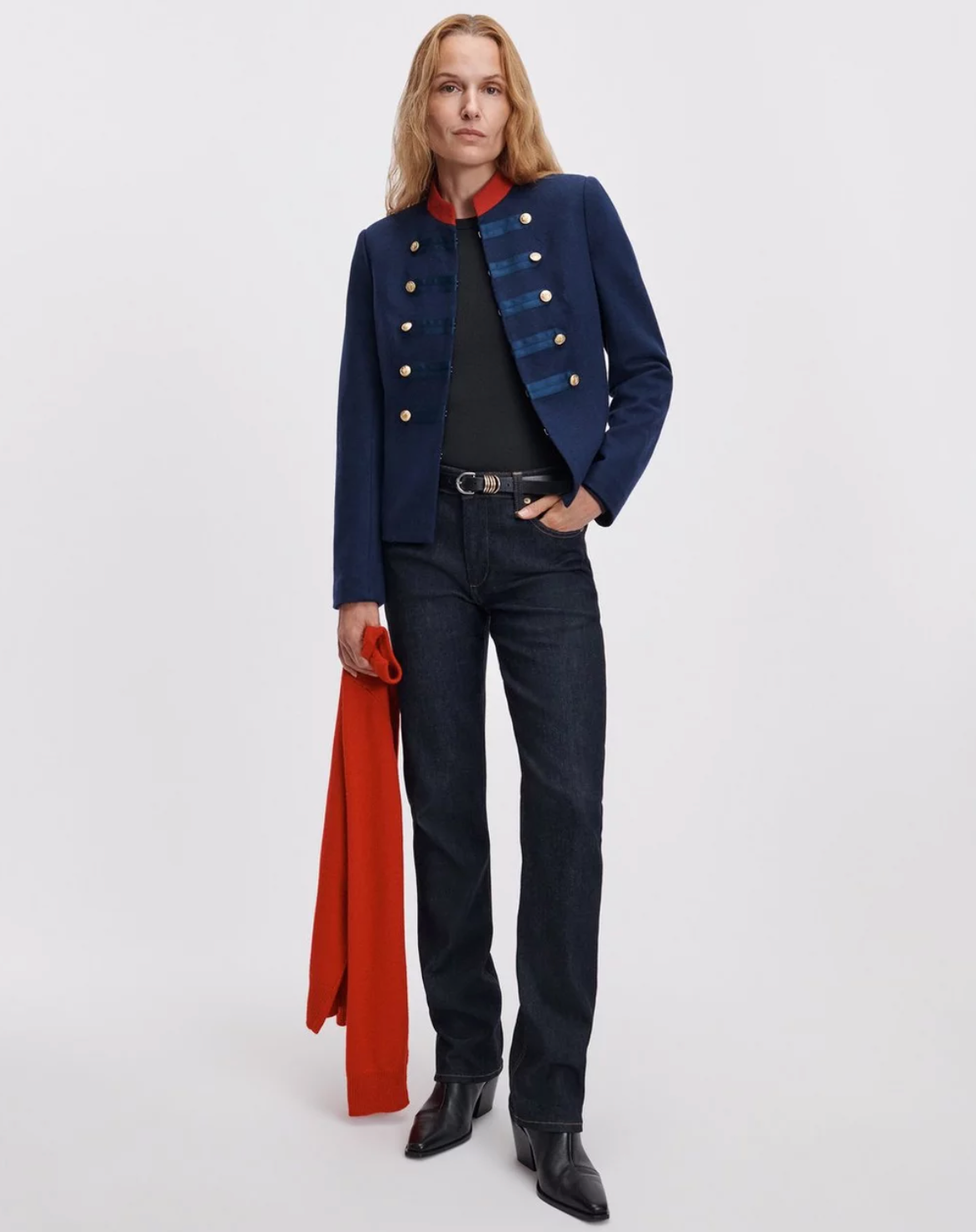 Rag & Bone Sutton Cigarette Jean in classic denim styled with a blue military jacket and black shirt, red scarf accessory.