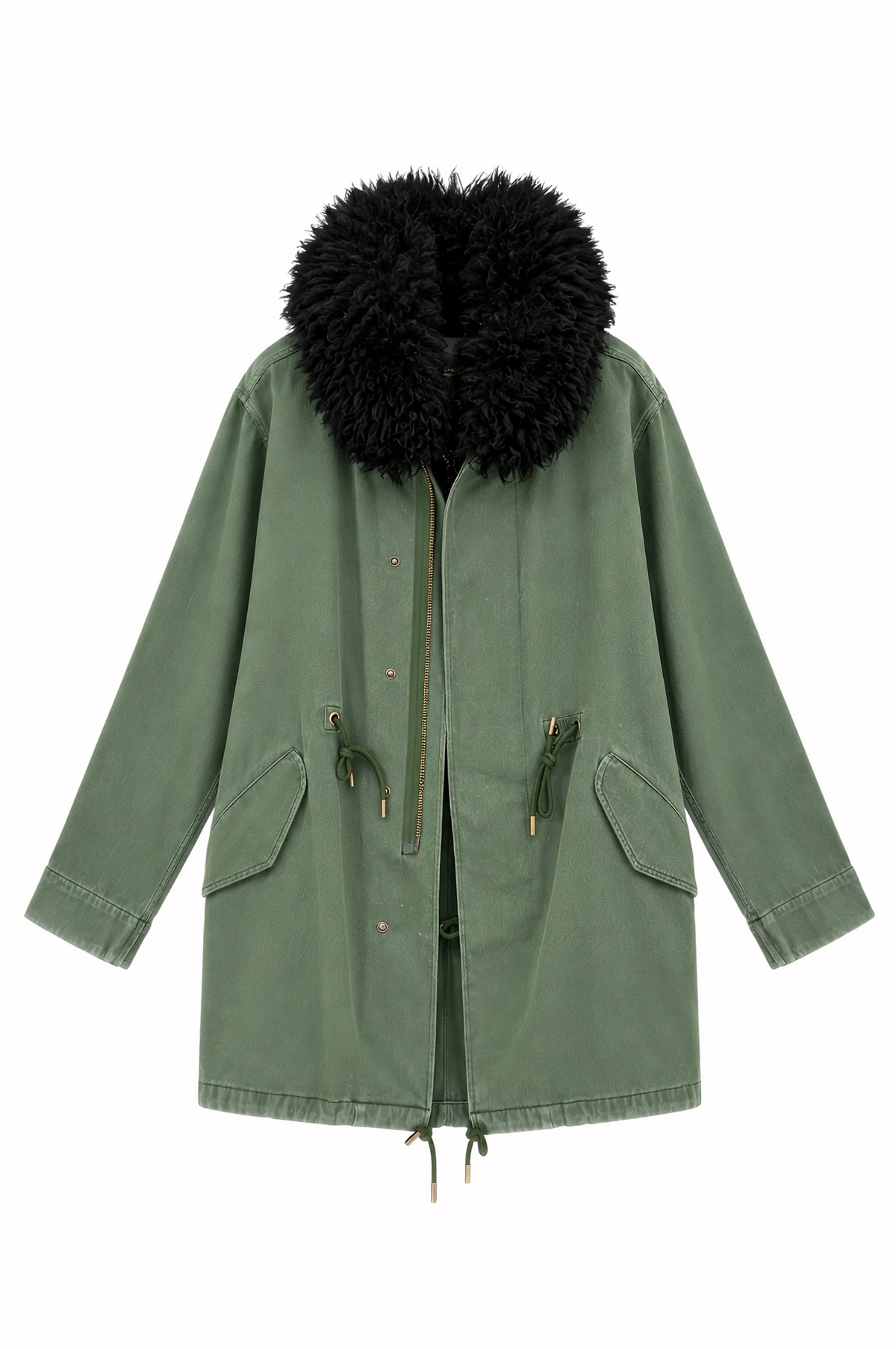 Olive green utility anorak by Le Superbe featuring an oversized black faux-fur collar and drawstring waist.