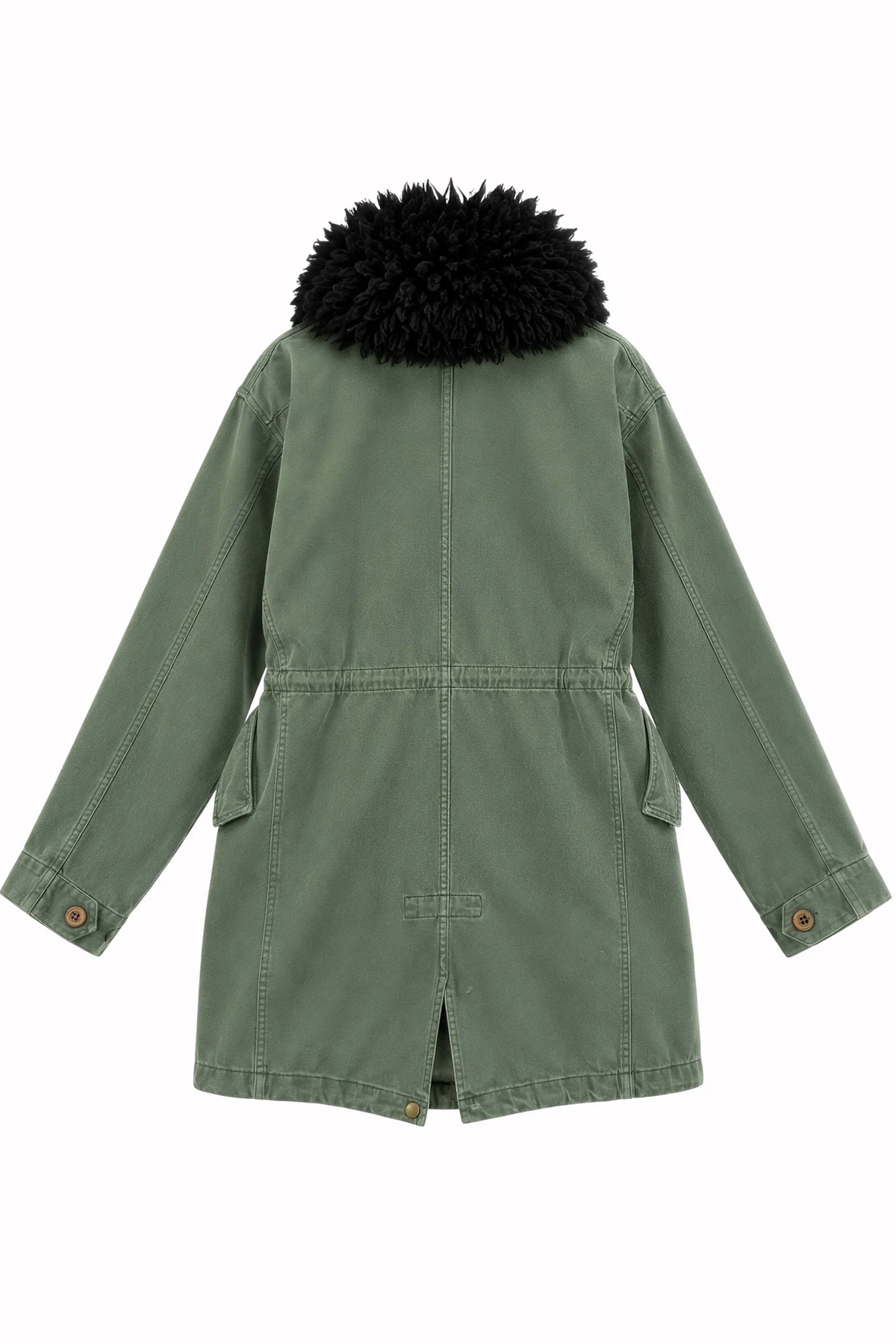 Le Superbe Utility Anorak in olive green with a black faux fur collar, back view.