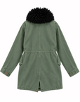 Le Superbe Utility Anorak in olive green with a black faux fur collar, back view.