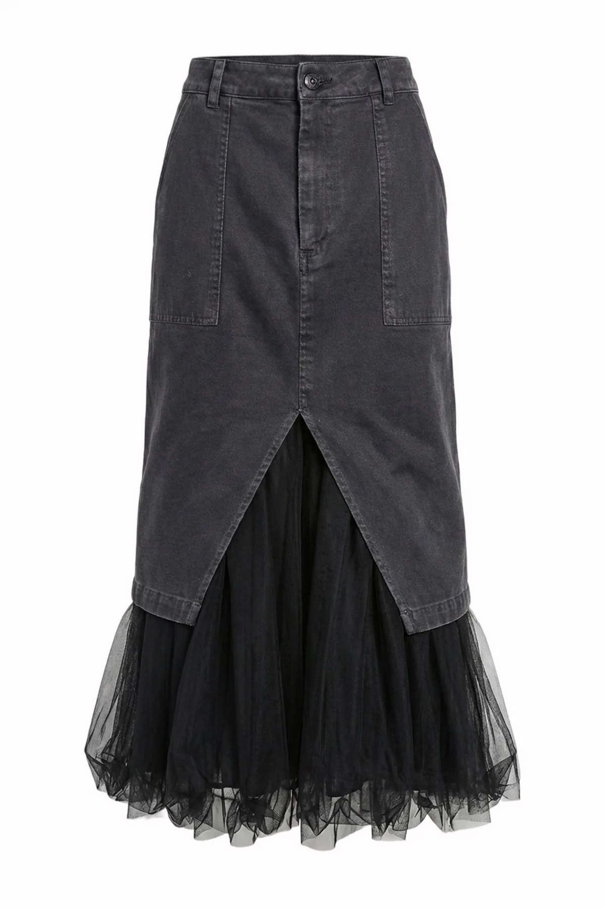 Le Superbe Ms. Benjamin high-waisted black denim midi skirt featuring a front slit and black tulle underskirt.