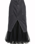 Le Superbe Ms. Benjamin high-waisted black denim midi skirt featuring a front slit and black tulle underskirt.