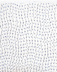 A close-up of the John Robshaw Hand Stitched Coverlet Queen reveals white fabric with a unique, gathered texture and delicate blue stitches, creating an irregular, puckered pattern across its hand-stitched surface.