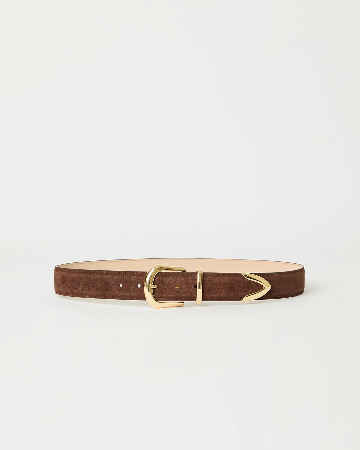 The Marc Belt by B-Low The Belt is a brown suede hip belt with gold-tone hardware, including a gold buckle and pointed tip, shown on a plain white background.