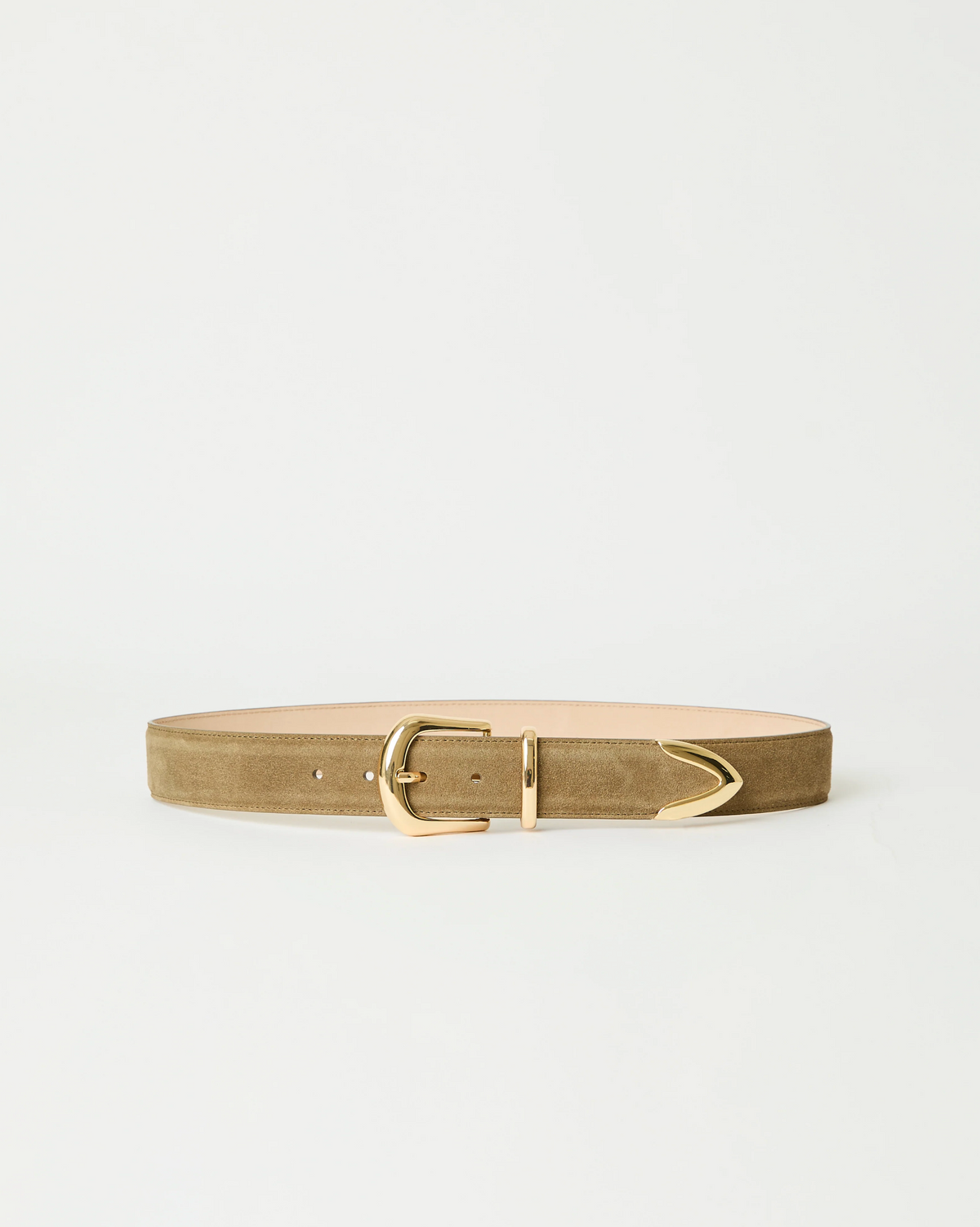 The Marc Belt by B-Low The Belt is a light brown suede hip belt featuring gold-tone hardware and a pointed tip, shown against a plain white background.