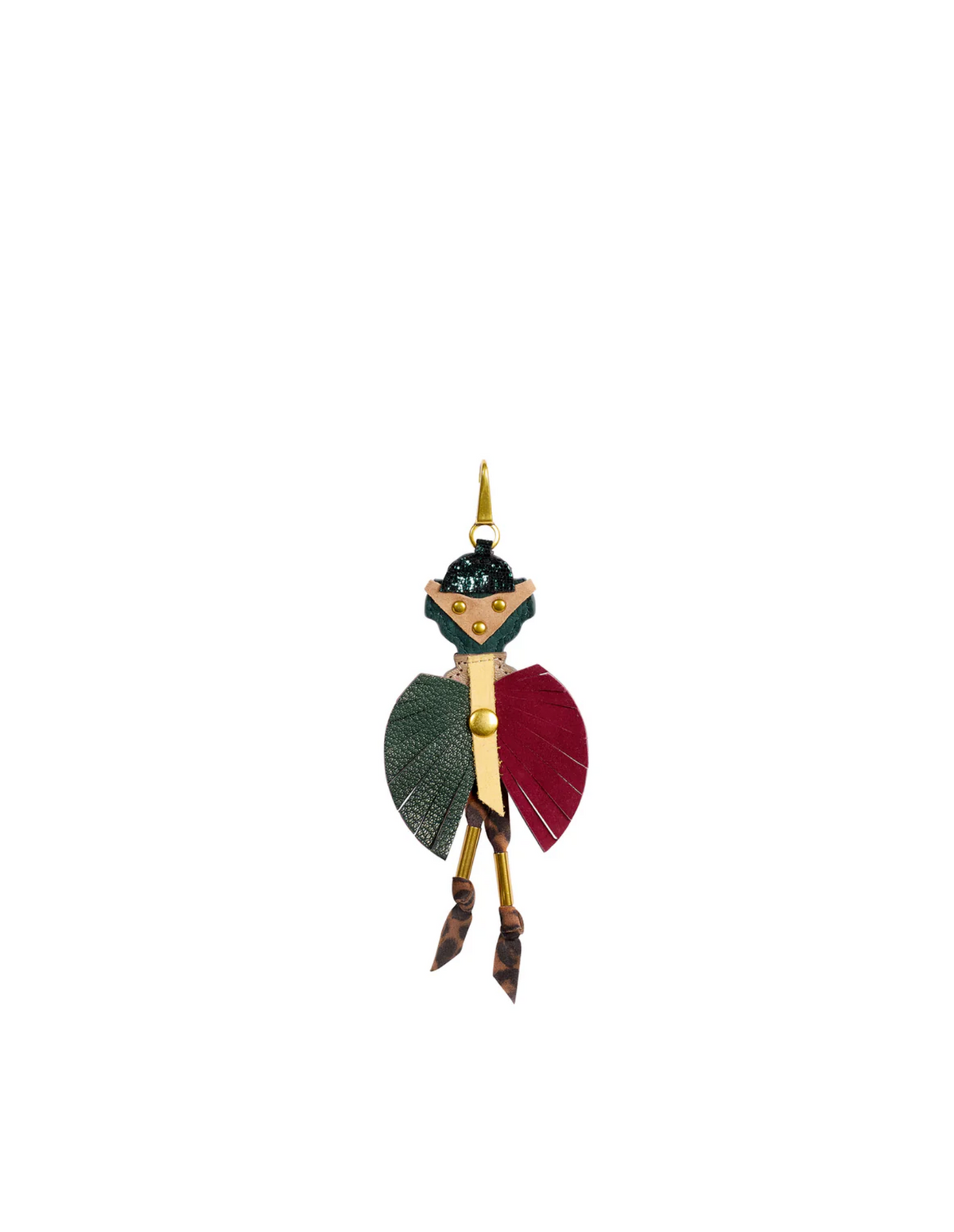 The Daniel Multico Charm by Jerome Dreyfuss is a playful leather pendant featuring a small figure with multicolored wings, black bead head, gold arms, brown legs, and a loop—perfect as a keyring or accessory for your bag.