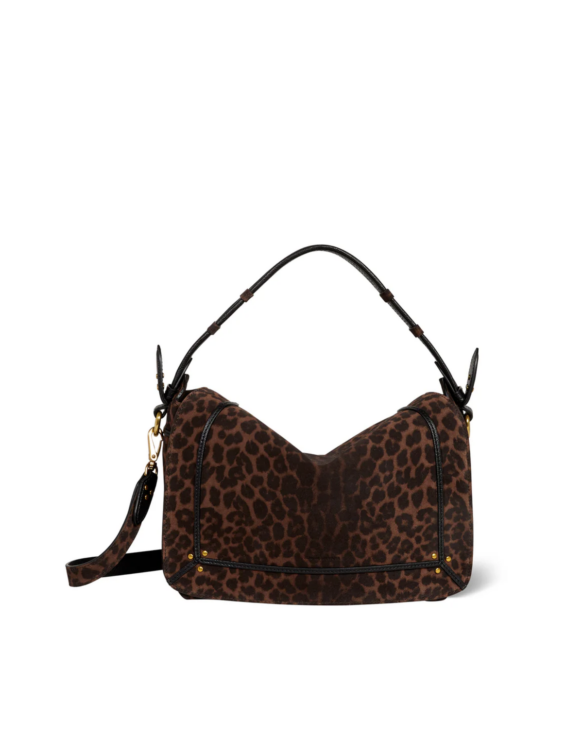 The Pepito Bag by Jerome Dreyfuss features a brown and black leopard print, curved shape, short top handle, detachable long strap, black trim, and gold-tone hardware accents.