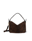 The Pepito Bag by Jerome Dreyfuss features a brown and black leopard print, curved shape, short top handle, detachable long strap, black trim, and gold-tone hardware accents.