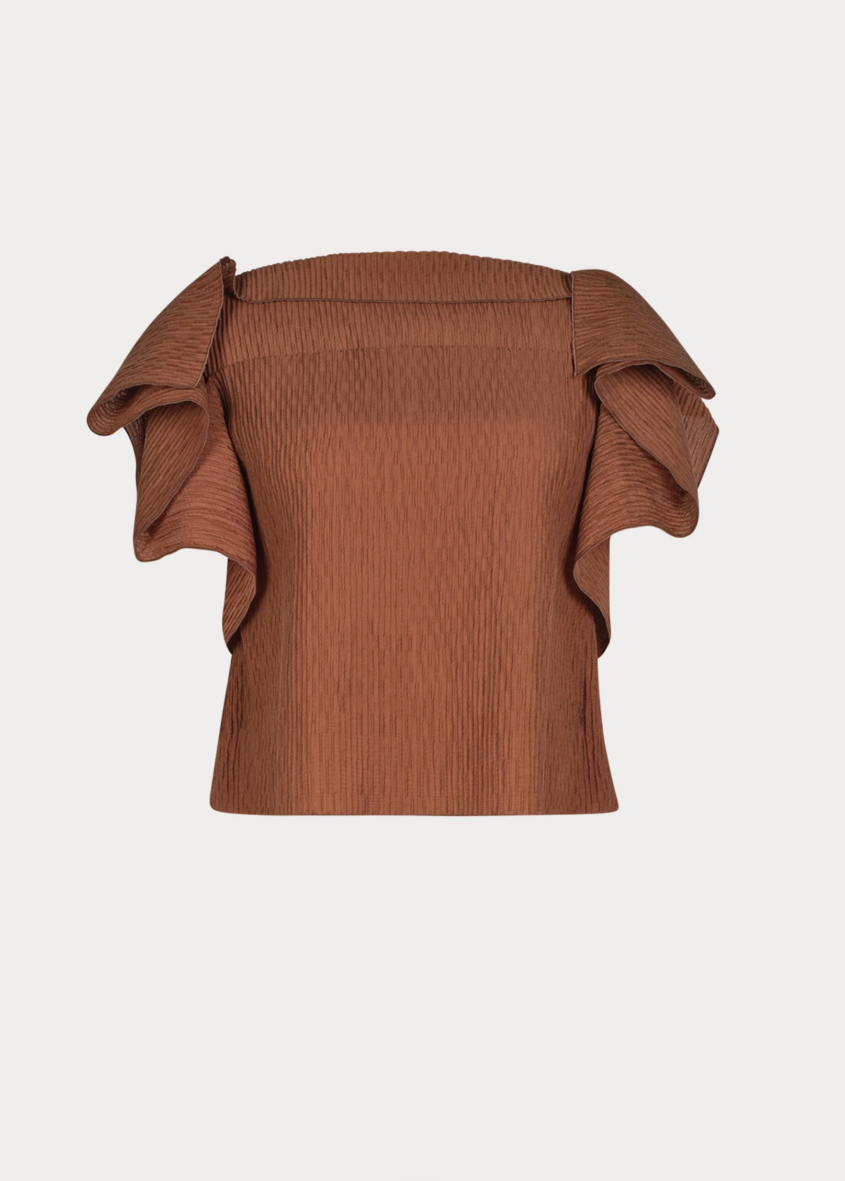 The Rivera Top by Rachel Comey is a brown, off-the-shoulder crinkled blouse with short flutter sleeves and pleated detailing, shown on a plain white background.