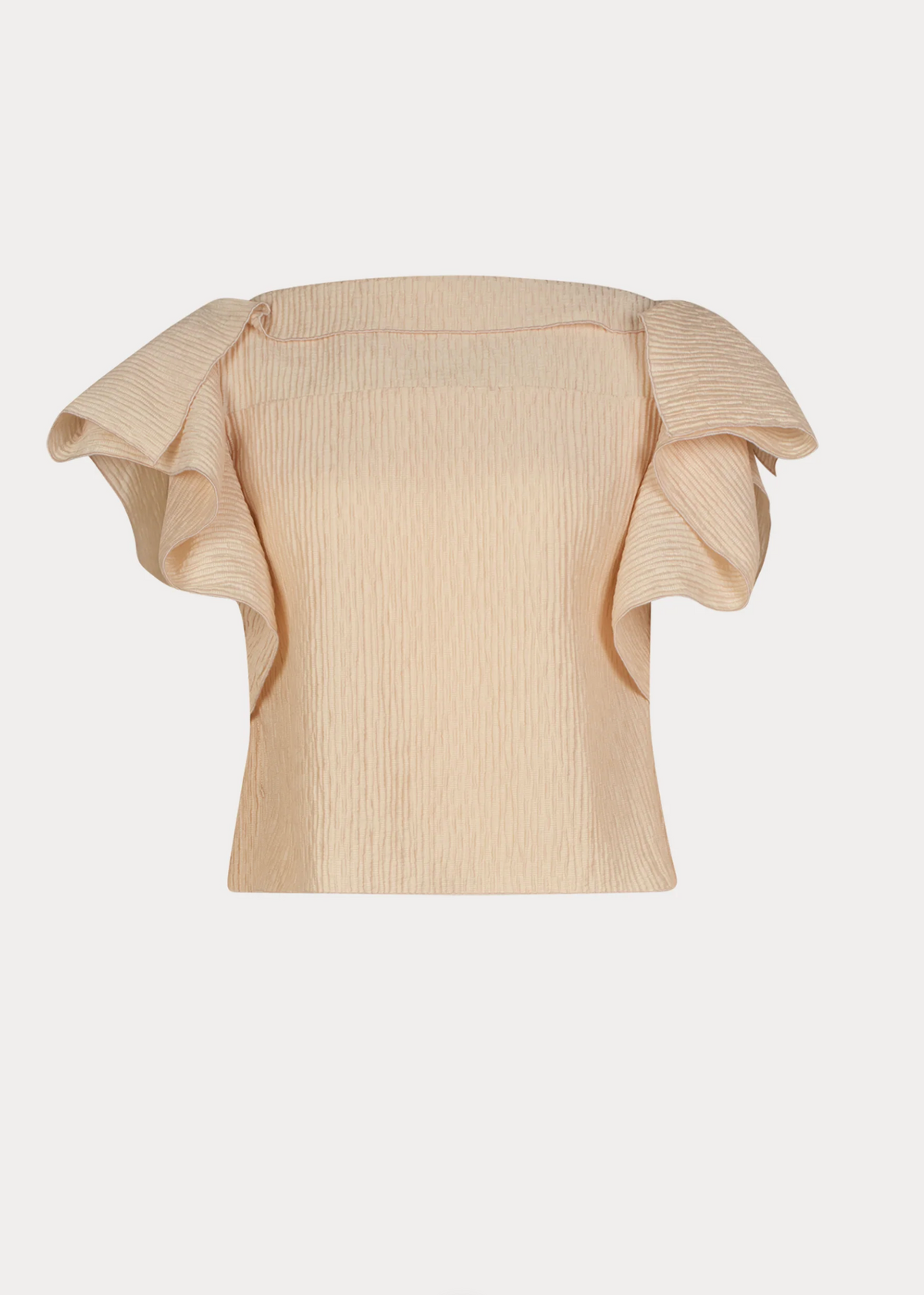 The Rivera Top by Rachel Comey is a beige, crinkled blouse with wide flutter sleeves and a square neckline, shown against a white background.
