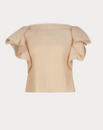 The Rivera Top by Rachel Comey is a beige, crinkled blouse with wide flutter sleeves and a square neckline, shown against a white background.