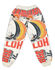 Ping Pong Surf Club's Aloha Paradise Jogers feature a cream hue, bold sailing graphics, waves, and "PARADISE OF THE PACIFIC" and "ALOHA" text—perfect for summer vibes in soft raw cotton.