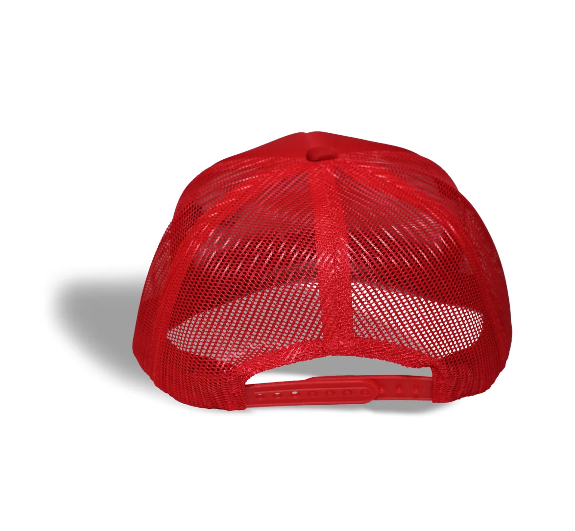 A red Ping Pong Surf Club El Surf Hat seen from the back highlights its mesh design, adjustable snapback closure, and casts a shadow on a white surface.