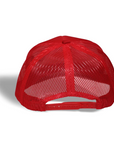 A red Ping Pong Surf Club El Surf Hat seen from the back highlights its mesh design, adjustable snapback closure, and casts a shadow on a white surface.